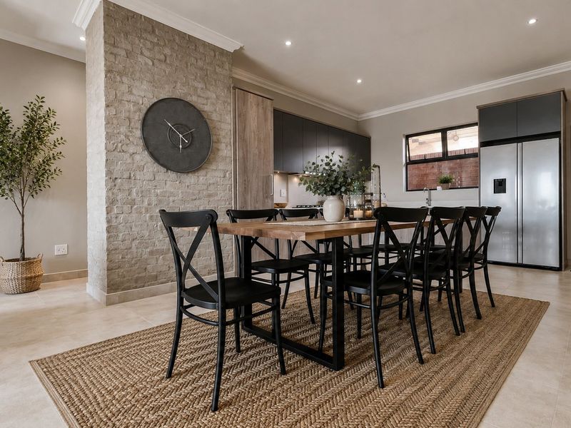 A modern open-plan living and dining area featuring a striking exposed brick feature wall, neutral tiled flooring, and contemporary kitchen cabinetry.