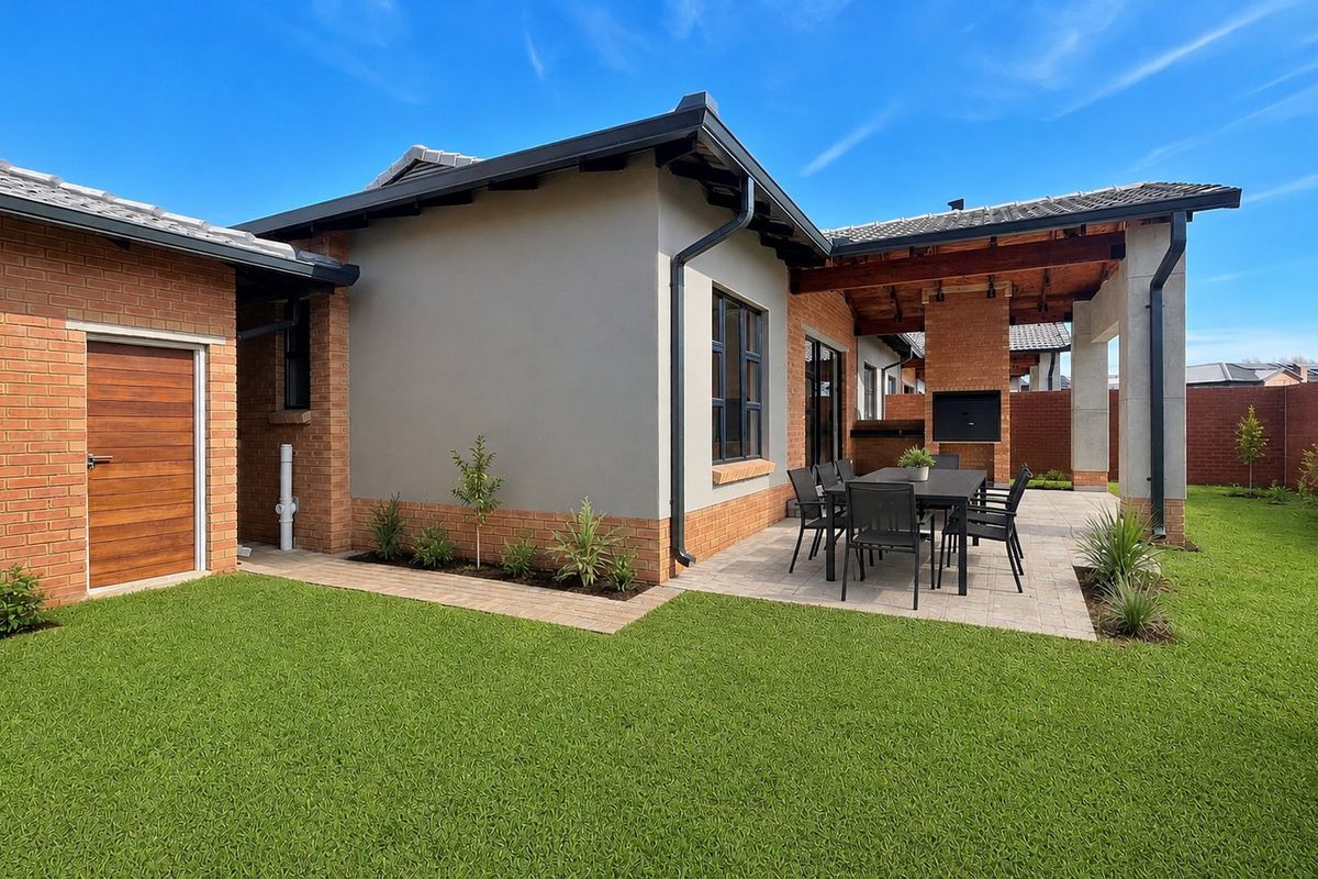 A well-maintained rear exterior featuring a paved covered patio with a built-in braai, overlooking a neat garden and brick boundary walls.