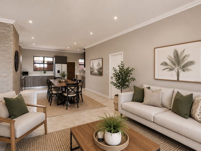 Spacious open-plan living and dining area featuring modern tiled floors, recessed lighting, crown molding, and a stylish exposed brick feature wall.