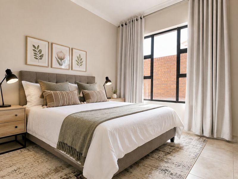 A well-maintained bedroom featuring neutral tones, tiled flooring, a built-in wardrobe, and a large window with modern black aluminium frames.