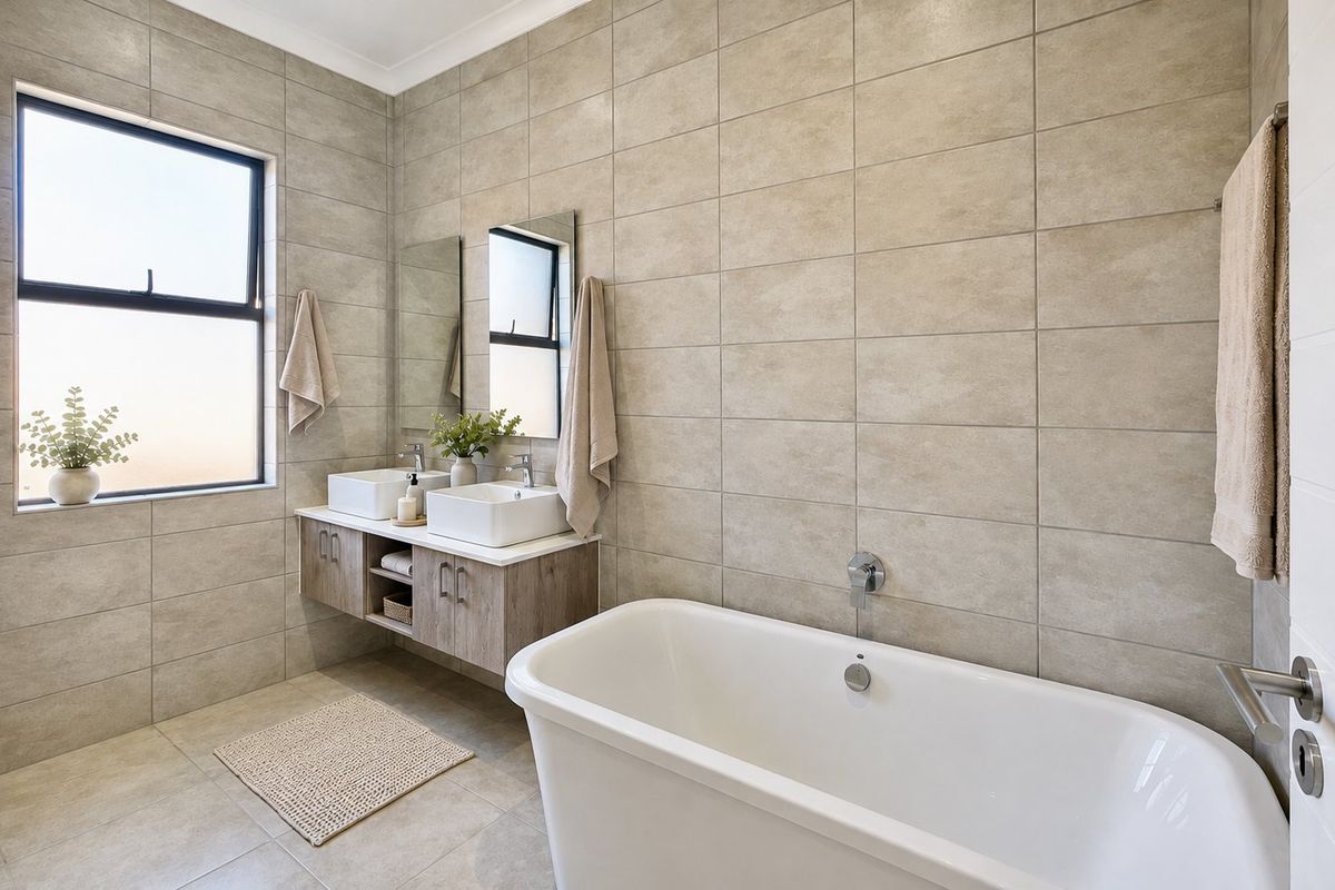 Modern bathroom featuring a freestanding bathtub, double vanity with storage, and neutral ceramic tiling throughout.