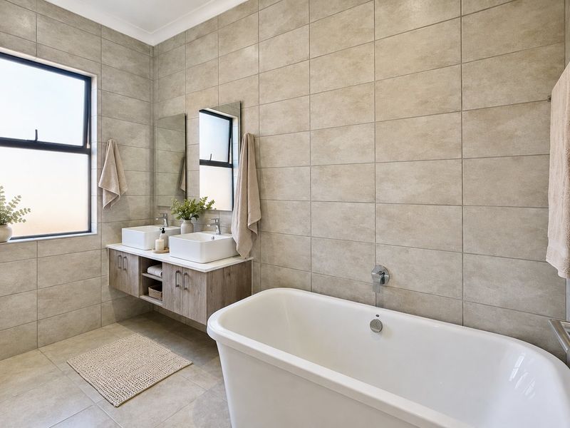Modern bathroom featuring a freestanding bathtub, double vanity with storage, and neutral ceramic tiling throughout.