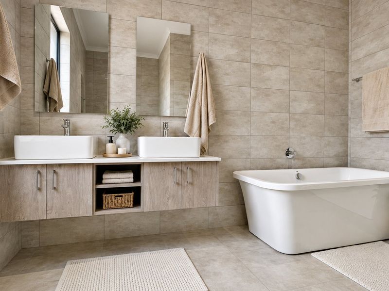 Modern bathroom featuring a double vanity with vessel sinks, a sleek freestanding bathtub, and neutral floor-to-ceiling tiling.