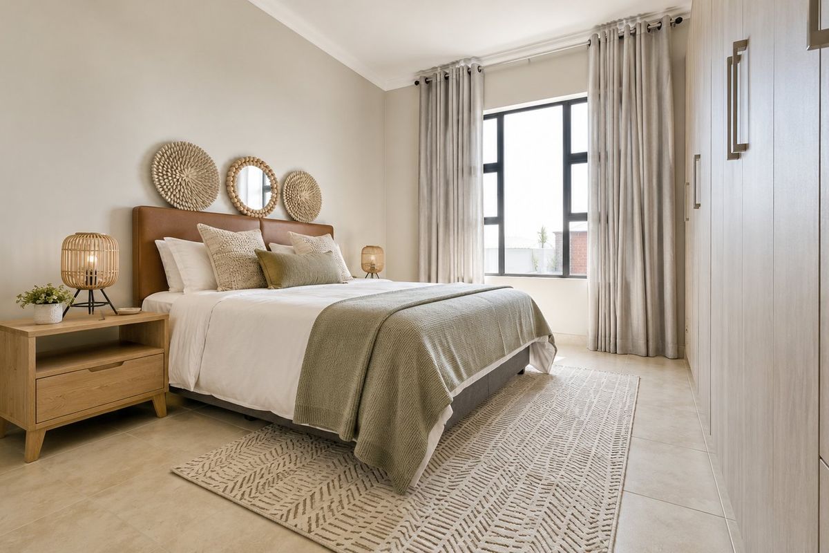 A well-maintained bedroom featuring neutral tones, tiled flooring, and ample built-in cupboard storage with natural light from the window.
