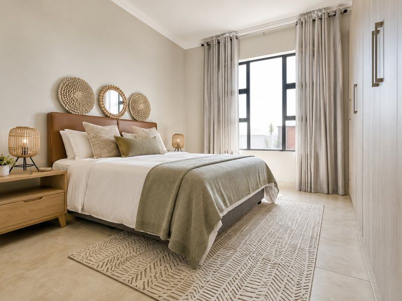 A well-maintained bedroom featuring neutral tones, tiled flooring, and ample built-in cupboard storage with natural light from the window.