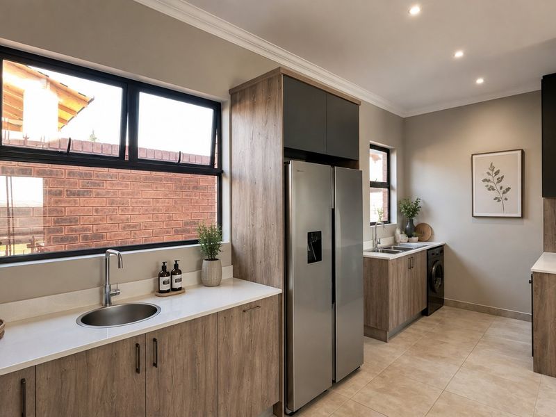 A modern, well-appointed scullery featuring wood-grain cabinetry, stone countertops, stainless steel sink, and integrated space for laundry appliances.