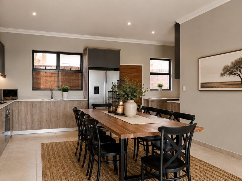 Modern open-plan kitchen and dining area featuring wood-finish cabinetry, integrated appliances, tiled flooring, and recessed lighting in a well-maintained, contemporary space.