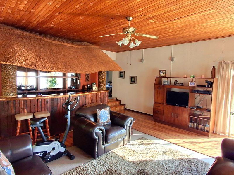 Spacious living area featuring a built-in bar with a unique thatched roof detail, timber ceiling, and direct access to the outdoor area.
