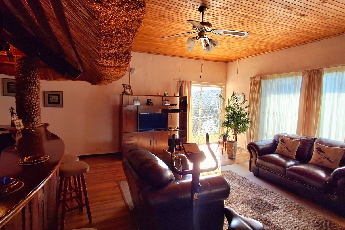 Spacious living area featuring a timber ceiling, built-in bar with thatch detailing, and direct access to the outdoors through sliding glass doors.