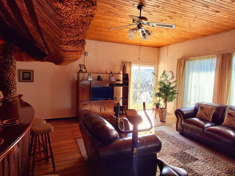 Spacious living area featuring a timber ceiling, built-in bar with thatch detailing, and direct access to the outdoors through sliding glass doors.