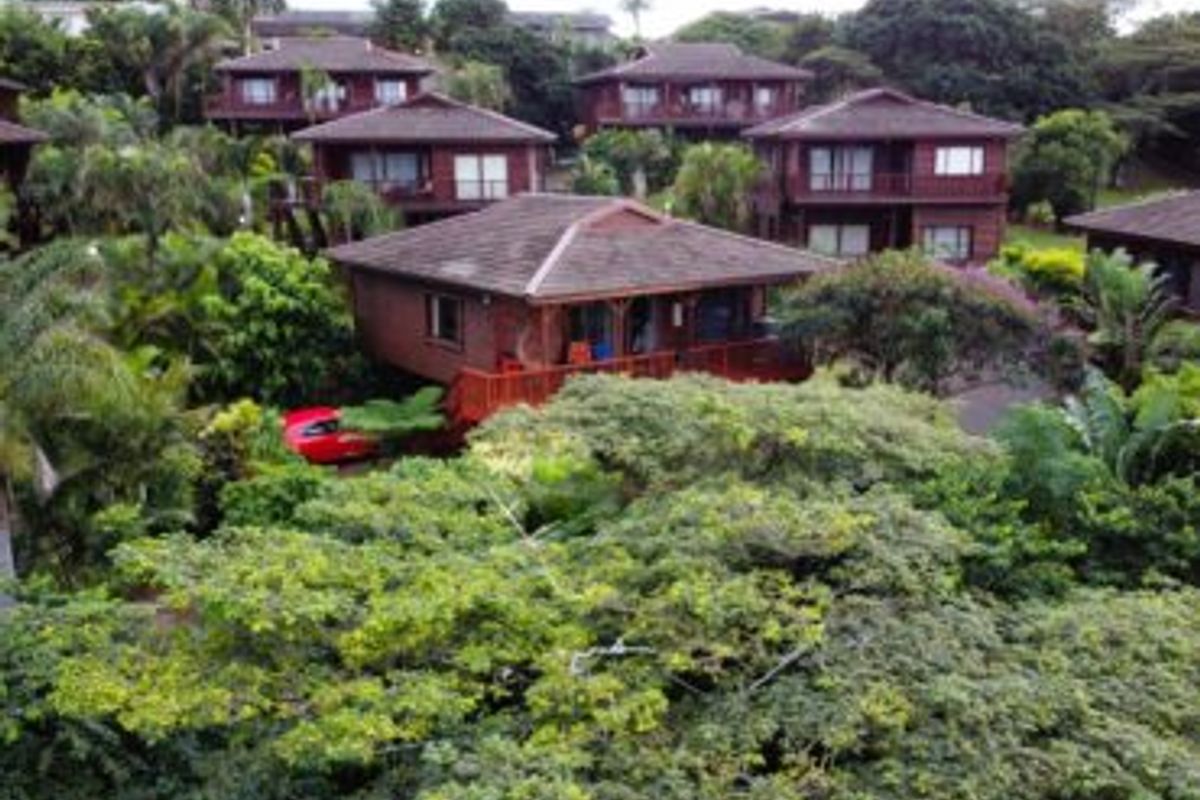 An aerial view of a residential complex featuring multiple timber-clad units with tiled roofs set within a lush, mature garden environment.