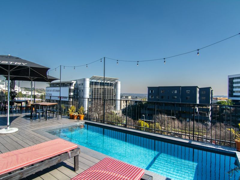 A rooftop pool area featuring timber decking, a modern metal balustrade, and overhead string lighting with urban city views.