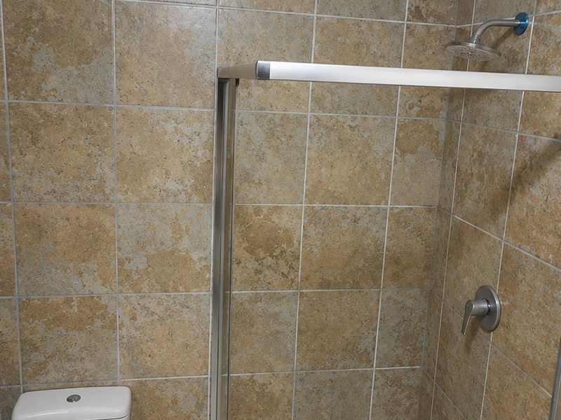 A functional bathroom featuring a walk-in shower with a glass enclosure, a standard toilet, and a skylight providing natural light.