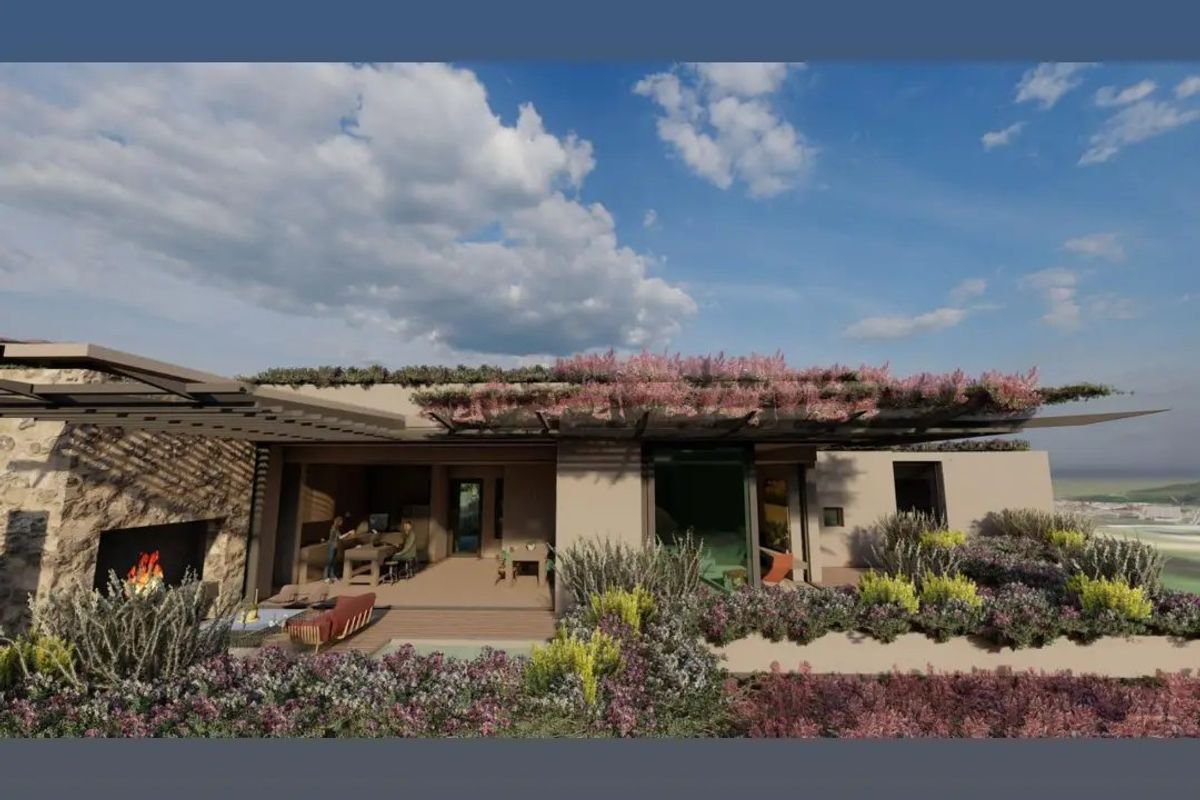 A high-end architectural rendering of a rear patio area featuring stone accents, a pergola, and extensive landscaping.