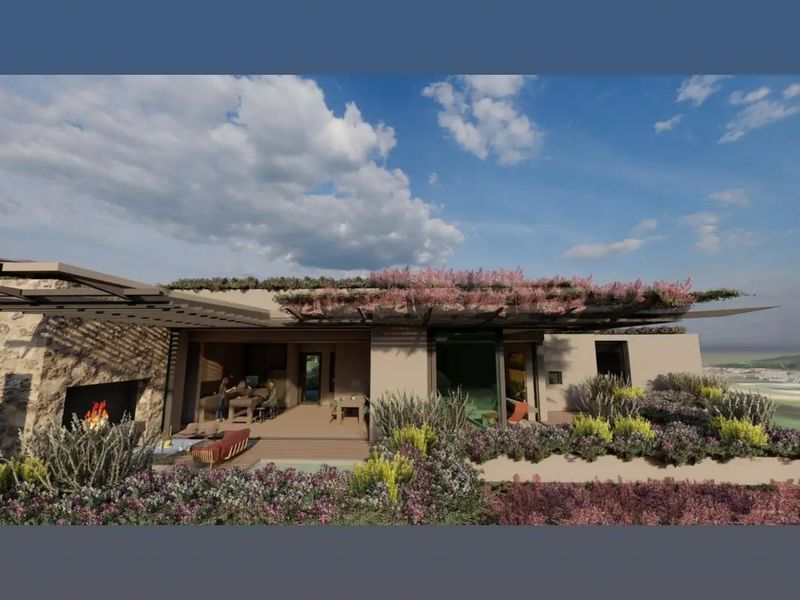 A high-end architectural rendering of a rear patio area featuring stone accents, a pergola, and extensive landscaping.