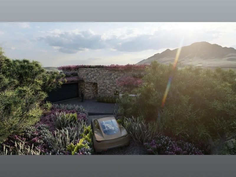 A high-end architectural rendering of a modern residential property featuring stone cladding, a garage, and lush landscaping set against a mountain backdrop.