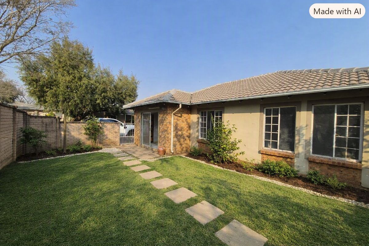 A well-maintained rear exterior view of a townhouse featuring a brick facade, tiled roof, and a landscaped garden with a concrete paver path.