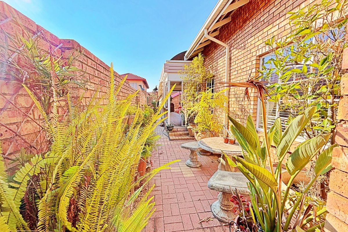 A side walkway featuring brick paving and a high boundary wall, leading towards a covered patio area at the rear of the house.