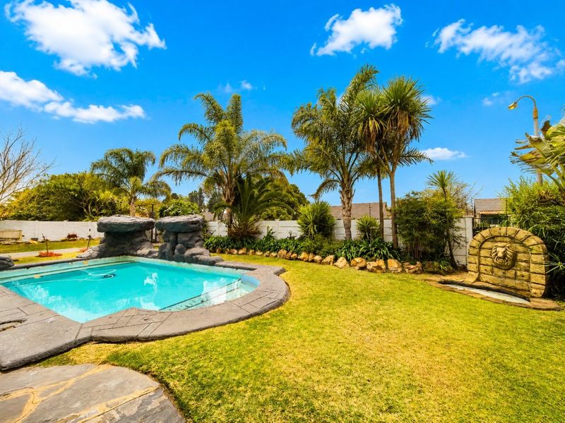 Outdoor pool area featuring a rock-style water feature, a decorative lion-head fountain, and a well-maintained garden with established palm trees.