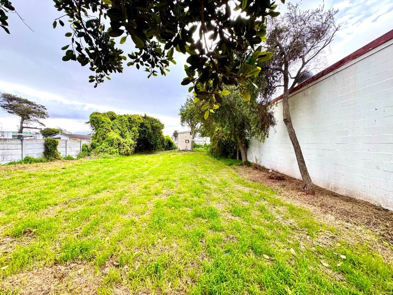 A spacious backyard area featuring a large lawn, mature trees, and perimeter boundary walls, offering potential for landscaping or outdoor development.
