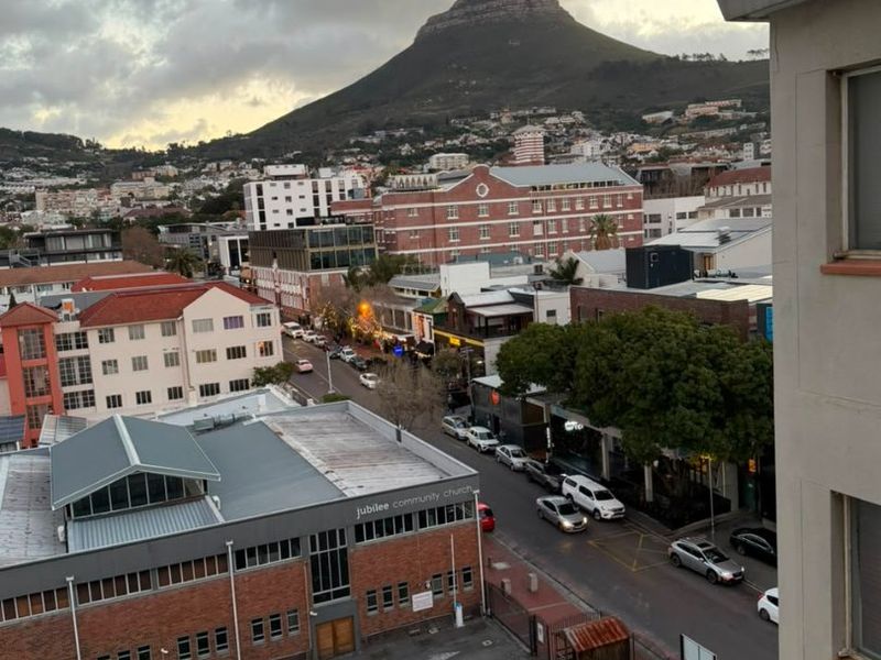 Elevated urban view overlooking the surrounding neighborhood, streetscape, and iconic mountain peak in the distance.