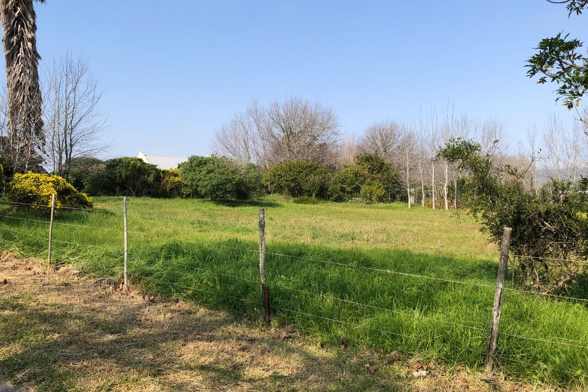 A view of a vacant residential plot featuring grassy terrain, mature trees, and a simple wire perimeter fence.