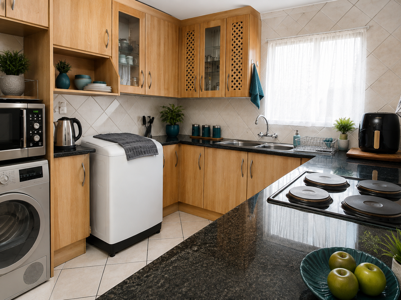 A functional kitchen featuring light wood cabinetry, dark granite-look countertops, a built-in electric hob, and integrated laundry appliance space with tiled finishes.