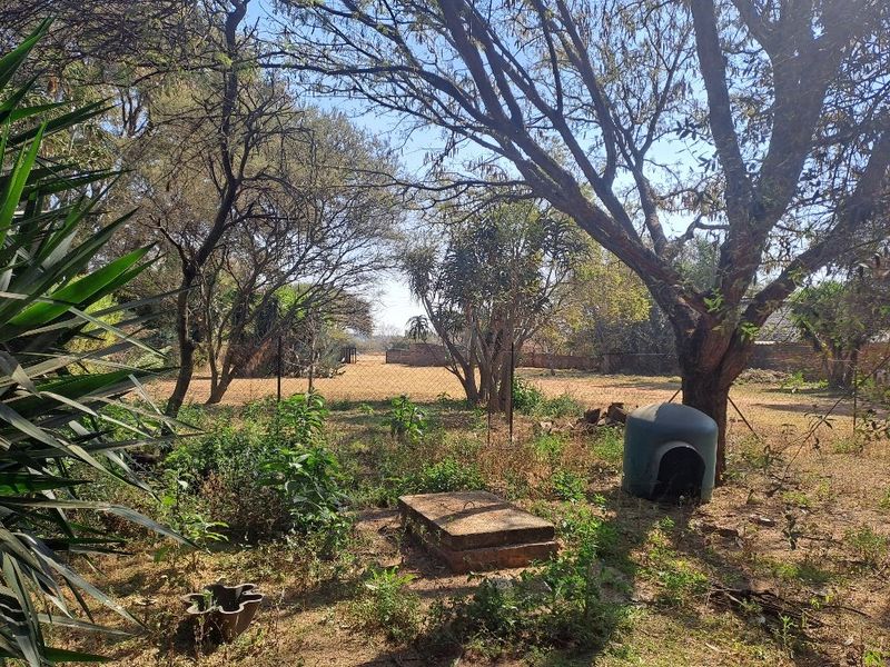 A spacious, tree-lined garden area featuring established trees, wire fencing, and a brick boundary wall, offering potential for landscaping and outdoor development.