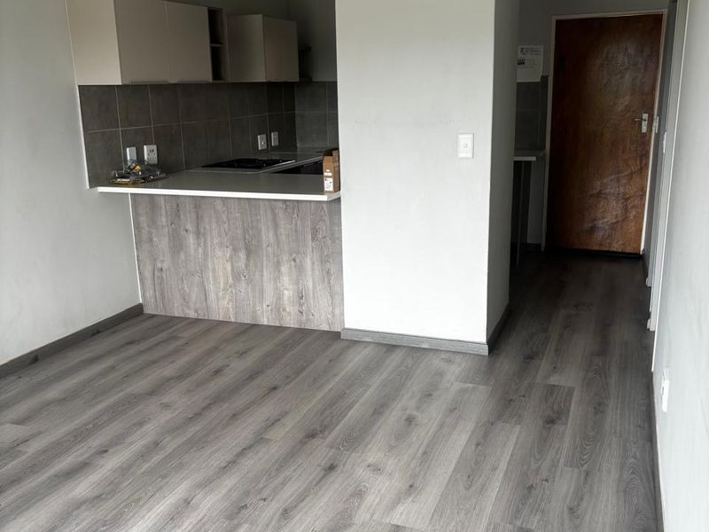 An open-plan living area featuring modern grey laminate flooring, a compact kitchen with built-in cabinetry, a hob, and a tiled backsplash.