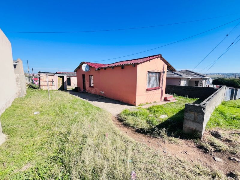 Rear view of a detached house featuring a corrugated metal roof, security window bars, and a concrete block boundary wall on a grassed plot.