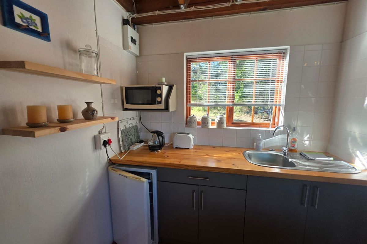 Compact kitchen area featuring timber countertops, stainless steel sink, tiled splashback, and exposed timber ceiling beams with natural light.