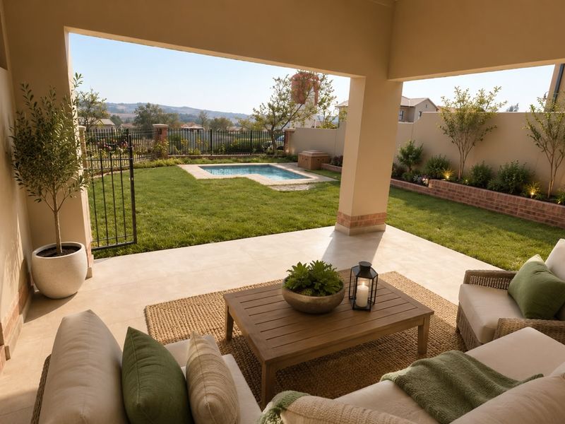Covered patio featuring a built-in fireplace, overlooking a landscaped garden with a swimming pool and scenic views.