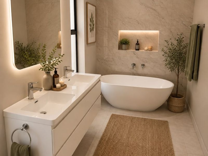 Modern bathroom featuring a sleek wall-mounted double vanity, a freestanding bathtub, and elegant marble-look wall tiling with integrated recessed lighting.
