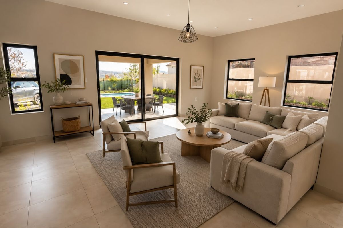 Spacious, modern living room featuring large sliding glass doors that open to a patio and pool area, with neutral tiled floors and recessed lighting.