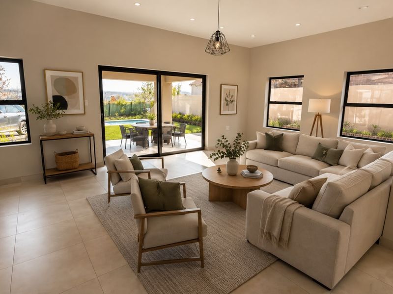 Spacious, modern living room featuring large sliding glass doors that open to a patio and pool area, with neutral tiled floors and recessed lighting.