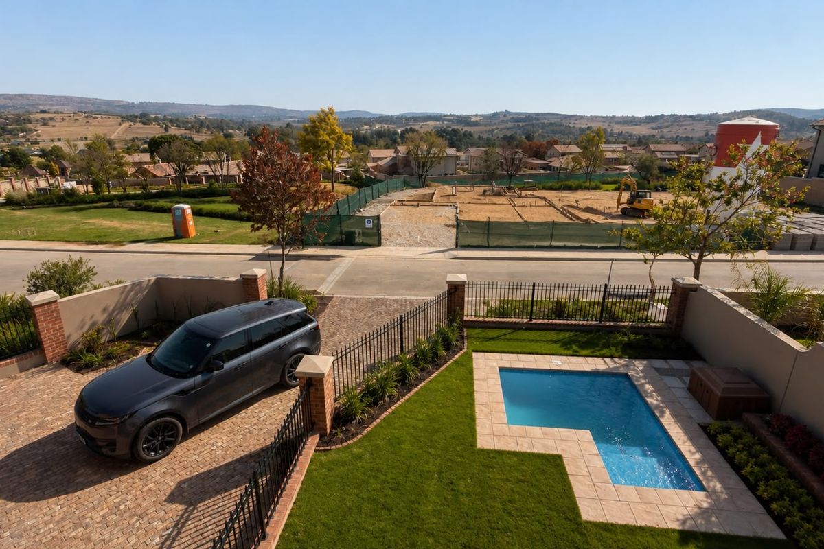 Aerial view of a residential property featuring a private swimming pool, paved driveway, and landscaped garden with perimeter fencing.