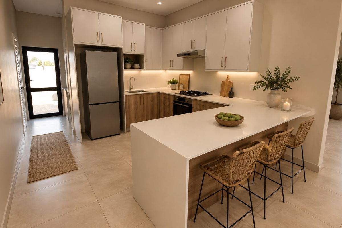 Modern kitchen featuring sleek white and wood-tone cabinetry, stone countertops, a breakfast bar, and integrated appliances with warm under-cabinet lighting.