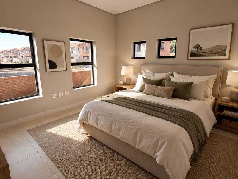 A well-lit, modern bedroom featuring neutral tones, tiled flooring, and large windows providing natural light and views of the surrounding residential area.