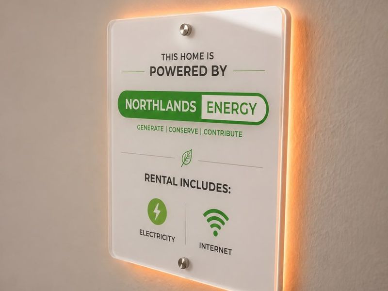 A wall-mounted informational sign indicating the property features integrated energy and internet services.