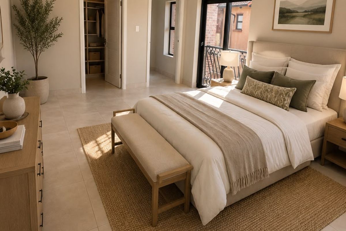 Spacious bedroom featuring neutral tiled flooring, a built-in closet, and a sliding glass door leading to a balcony.