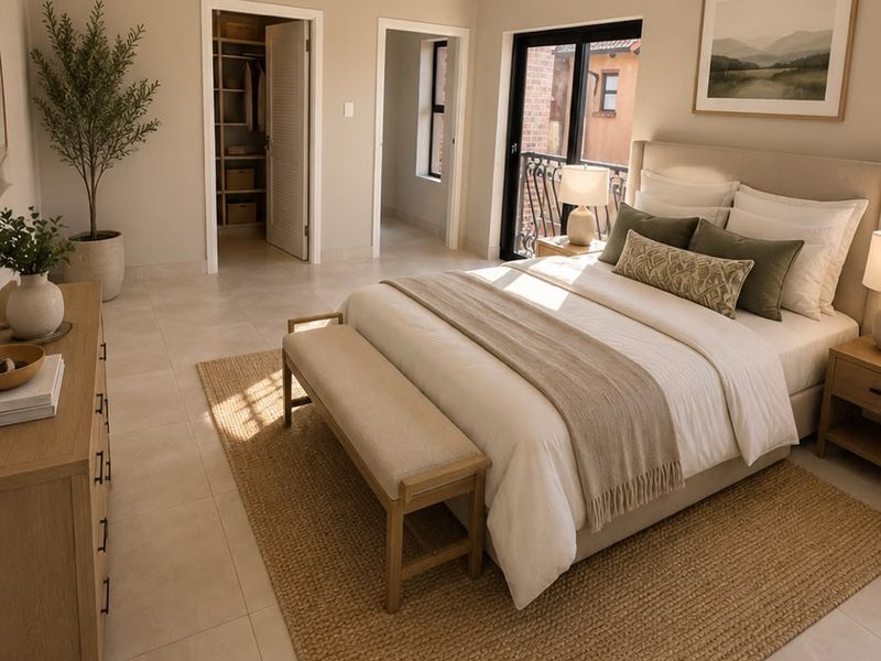Spacious bedroom featuring neutral tiled flooring, a built-in closet, and a sliding glass door leading to a balcony.