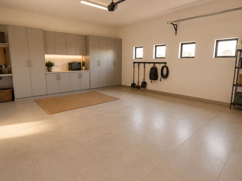 A spacious, well-maintained garage featuring extensive built-in cabinetry, tiled flooring, and integrated wall storage solutions.