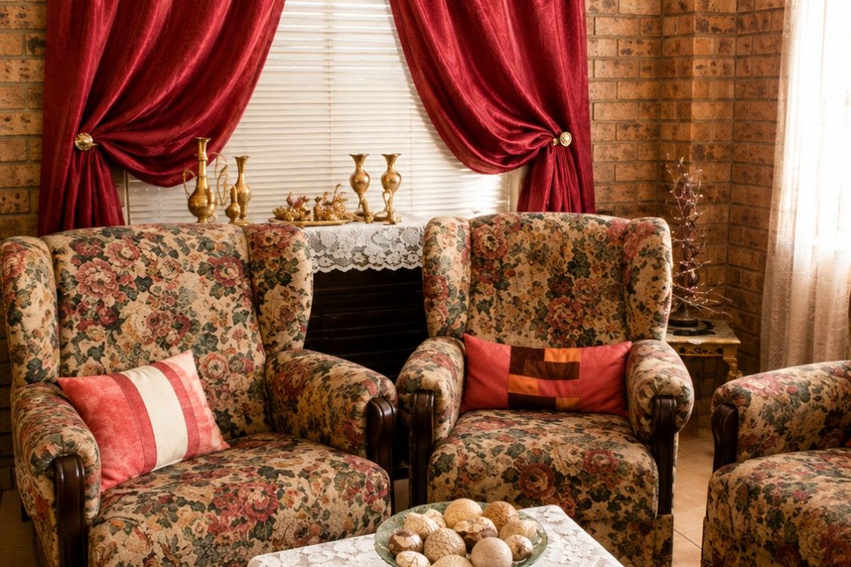 A living room area featuring exposed brick walls, tiled flooring, and window treatments.