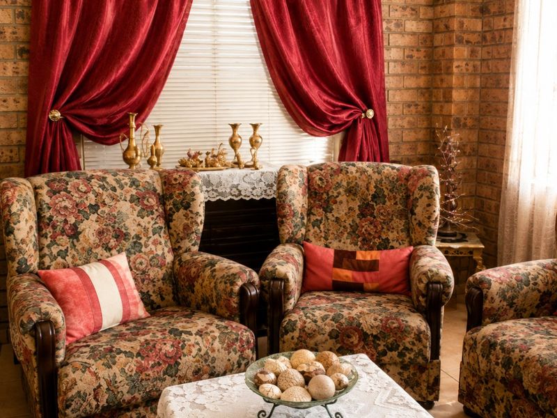A living room area featuring exposed brick walls, tiled flooring, and window treatments.