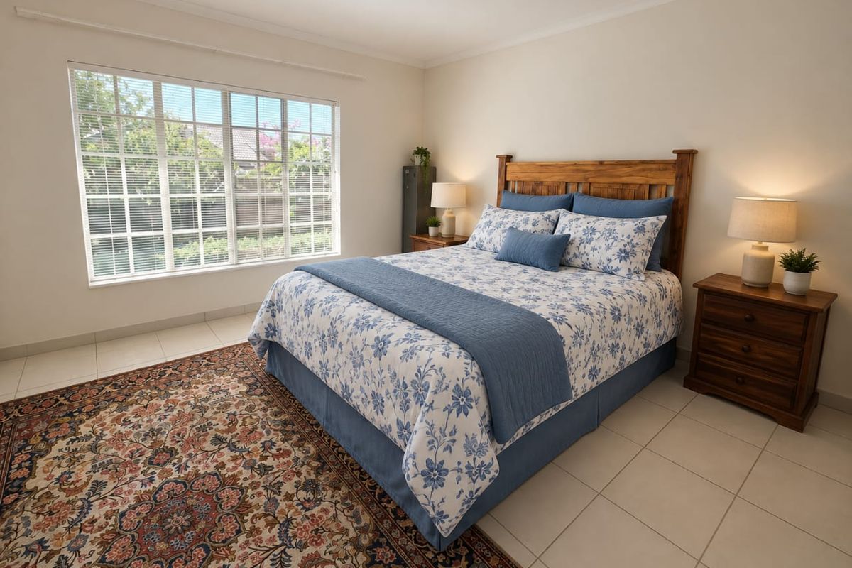 A well-maintained bedroom featuring neutral walls, tiled flooring, and a large window that provides ample natural light.