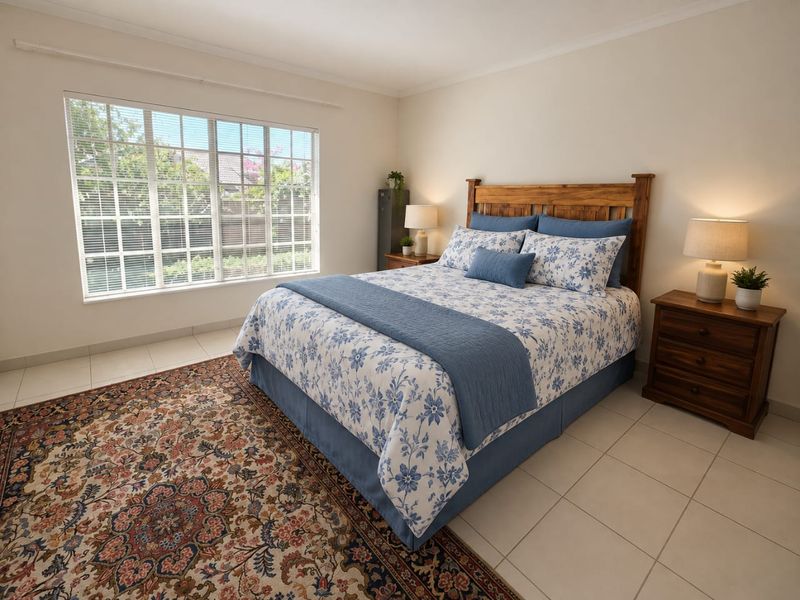 A well-maintained bedroom featuring neutral walls, tiled flooring, and a large window that provides ample natural light.