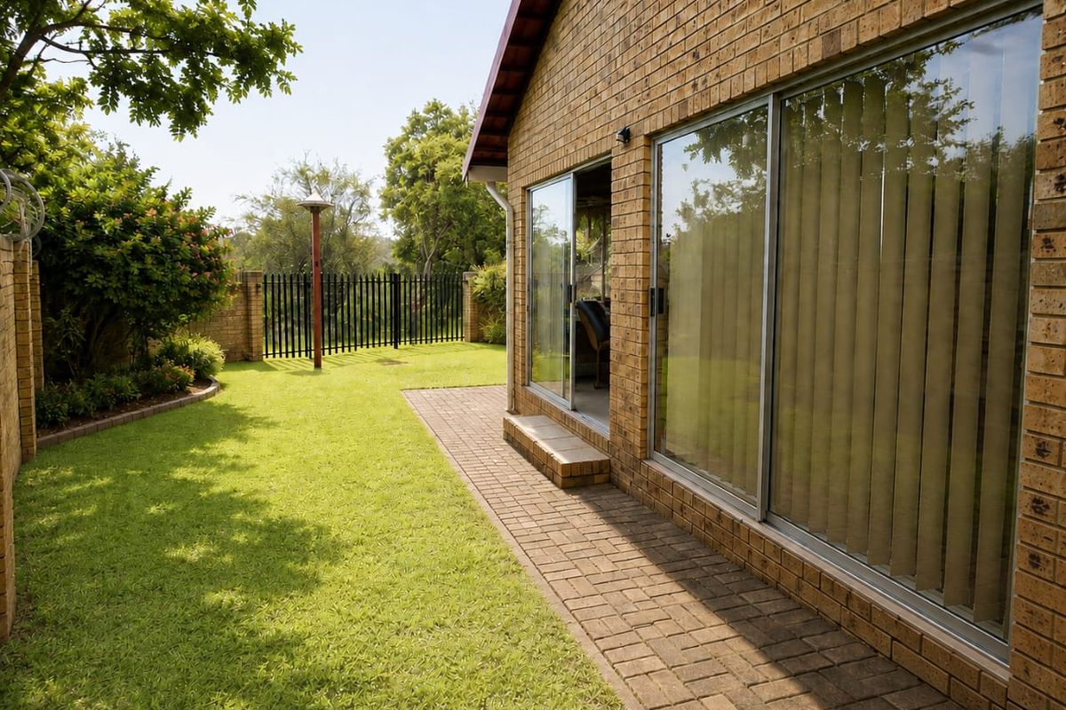 A well-maintained rear garden featuring a paved walkway, face brick exterior, and sliding glass doors providing access to the home.