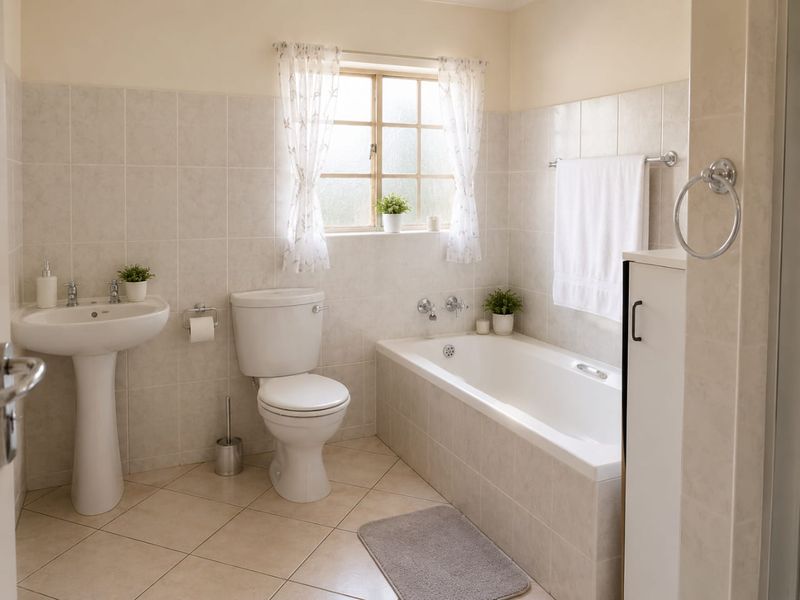 A functional bathroom featuring a pedestal washbasin, a standard toilet, and a built-in bathtub with neutral wall and floor tiling.