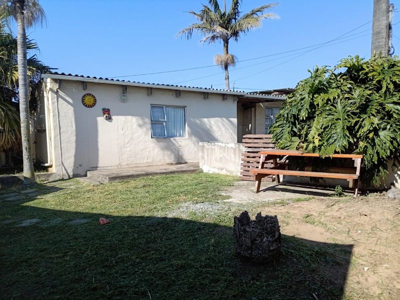 Rear view of the property featuring a small concrete patio area, lawn, and established garden foliage.