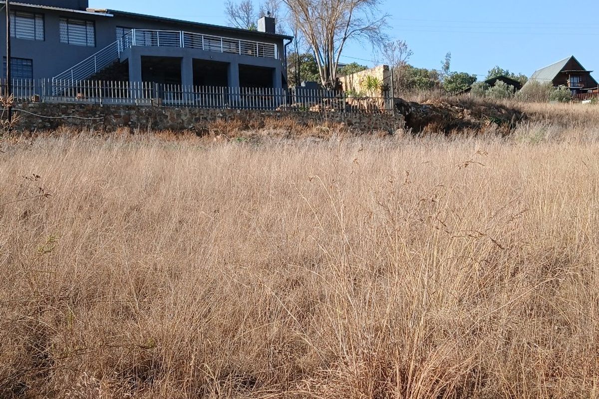 A view of a vacant residential plot featuring dry grass, with a stone retaining wall and an elevated house structure in the background.